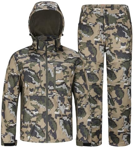 UIIHUNT Jagdkleidung für Herren mit Fleecefutter: Sicherheitsgurt-kompatibel, wasserabweisend, geräuschlos, Jagdjacke und Hose, Digital Camouflage, XX-Large