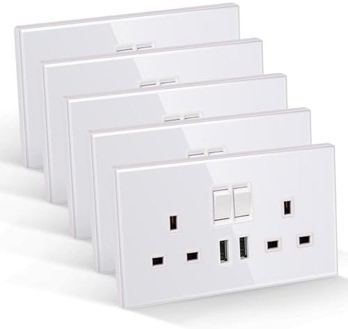 CNBINGO Double Switched Socket with 2 USB-A Ports, Electric Power Sockets 2 Gang 13 Amp, White Tempered Glass Panel Wall Outlet, 5 Pack