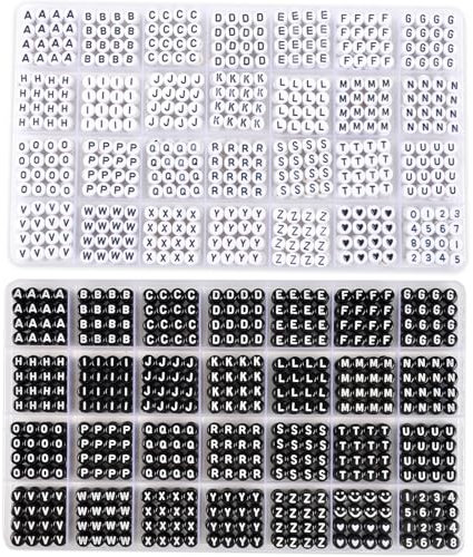 SJZWSD 2000+ Stücke Buchstaben Perlen, 2 Box Set Alphabet Perlen für Armbänder, Runde Zahl & Herz Perlen, 5M Elastische Schnur Schmuck Bastelset, Ideal für Freundschaftsarmbänder (Weiß + Schwarz)