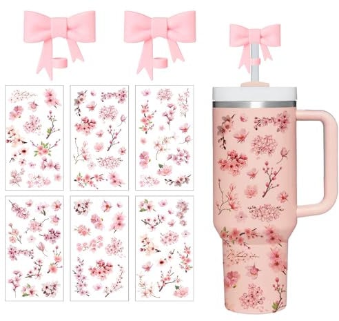 LUHOHI Waterproof Stickers for Stanley Cup- Including 2 Pcs Bow Straw Covers Topper 6pcs Flowers Stickers Decals for Stanley Cup Love Shack Fancy Tumblers Water Bottle Accessories Sakura-pink