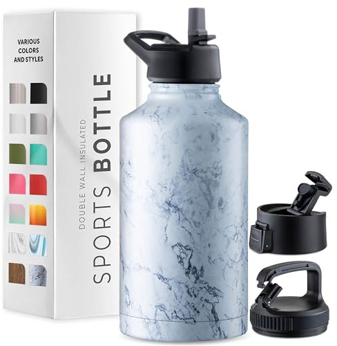 GARUET Triple-Walled Insulated Stainless Steel Water Bottle with Straw – 1888ml Large Capacity – 3 Leak-Proof Lids for Hot & Cold Drinks – Ideal for Travel, Camping, Hiking, Gym (Fresh White Marble)