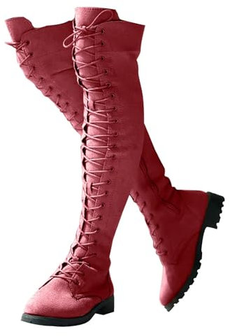 Stivali alti da donna sopra il ginocchio con tacco basso, stivali alti stretti con lacci,Stivaletti da equitazione con tacco basso grosso, Rosso, 40 EU