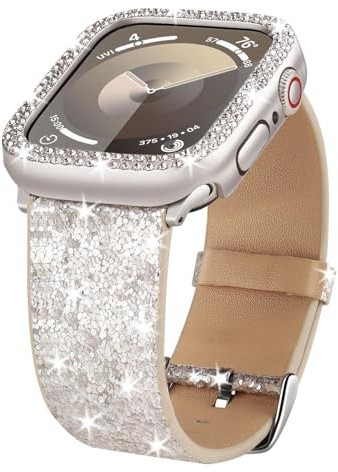 Bracelets compatibles avec Apple Watch + étui 38 mm, 40 mm, 41 mm, 42 mm, 44 mm, 45 mm, 49 mm, bracelet en cuir pailleté avec coque de protection diamant bling pour iWatch Series 9 8 SE 7 6 5 4 3 2 1