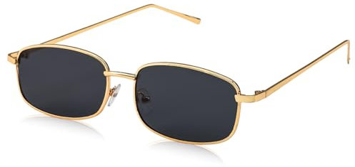 Vintage Narrow Rectangle Sunglasses Unisex, Classic Slim Metal Frame Glasses Retro Modern Glasses Black Lenses with UV400 Protection Ultra Ligh 90s for Women Teen Girls Men (Gold Frame)