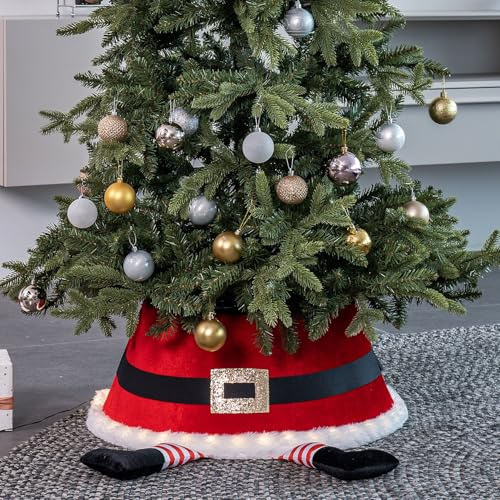 LED Santa Christmas Tree Skirt with Belt Design | Red Festive Tree Stand Cover | Illuminated Tree Collar with Built-In Lights | Durable Xmas Decoration (56 x 25cm)