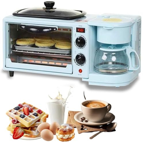 3-In-1 Breakfast Station, Electric Multifunctional Breakfast Machine with 1.2L Cooking Pot, 9L Large Capacity Baking Area, and Coffee maker, for Apartments Kitchenettes, Independent Control blue