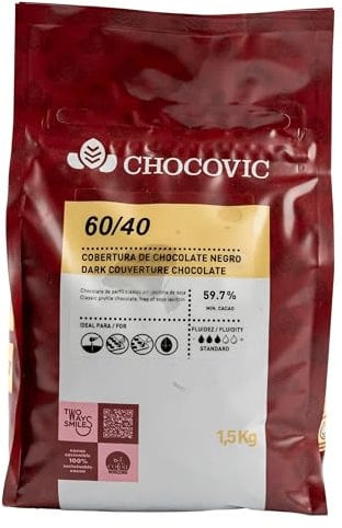 Premium Dunkle-Schokolade 1,5 kg Kuvertüre zum Schmelzen & Backen - Dark Schokoladen-Drops mit 59,7% Kakao - Choco-Chips für Schoko-Fondue, Brunnen, Formen und für Dubai-Schokolade (Großpackung)