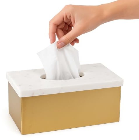 Assorted Collections Luxury Tissue Holder – Rectangular Tissue Dispenser for Bathroom, Bedroom, Office, Kitchen & Car - Elegant Gold Metal Base & White Marble Lid Tissue Box Cover (Gold)