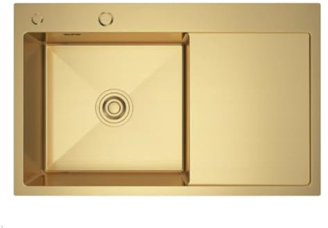 VELAZO. Spüle Gold 78x49 cm, Küchenspüle Rechteckig Golden, 1 Becken Einbauspüle, Edelstahlspüle mit Ablaufgarnitur, Einzelbecken mit Siphon, Waschbecken Küche Spüle