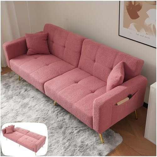 Seyakany Canapé Convertible avec Coussins et Poches de Rangement latérales,canapé 2 Places,Canapé lit avec Fonction lit, Angle réglable,Pieds dorés,Rose