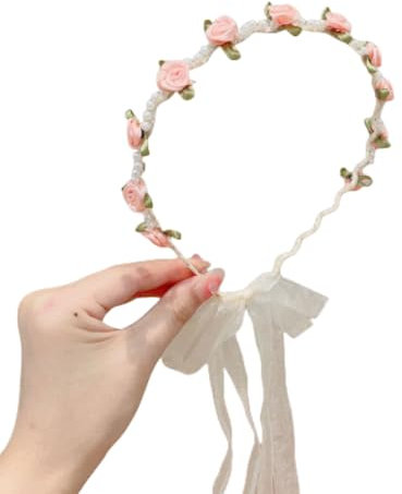 WANYI 1 Stück Blumenkranz Haare, Haarschmuck Kommunion Mädchen, Blumen Haarreif mit Armband Set, Perlen Haarreif Haarreifen Haarkranz für Hochzeit Party(Haarband)