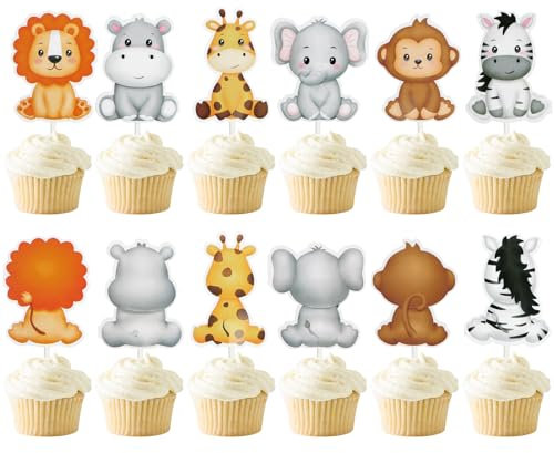 36 Pcs Jungle Animal Cupcake Toppers Safari Birthday Cake Decor for Kids Wild Theme Party Supplies Celebrating Baby Shower Party Events