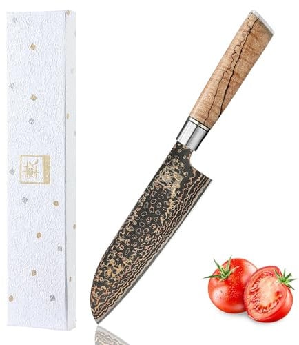 zayiko BlackMagma Damastmesser Santoku I 16,5 cm Klinge aus Damaststahl mit Kupfer & Bronze sowie Ahornholzgriff I Edles Damast Küchenmesser in Geschenkbox