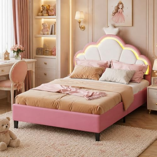 KEFSR Lit de princesse, 140 x 200 cm, avec LED, structure unique à couronne avec sommier à lattes, tête de lit réglable, en velours (rose, blanc et tissu de velours, 140 x 200)