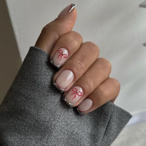 Short Square False Nails - 24pcs Bow Pattern Press on Nails with Silver Edge - 12 Sizes Fake Nails with Glue - Removable,Glossy Light Weight Stick on Nail for Women Girls Daily Wear