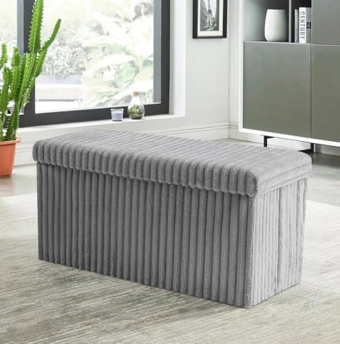 Artistic Fashionista Limited Ottoman Ribbed Storage Box Folding Footstool Rest Seat Storage Stool Toys Chest Bench Blanket Linen Laundry Box (Grey, 76x35cm)