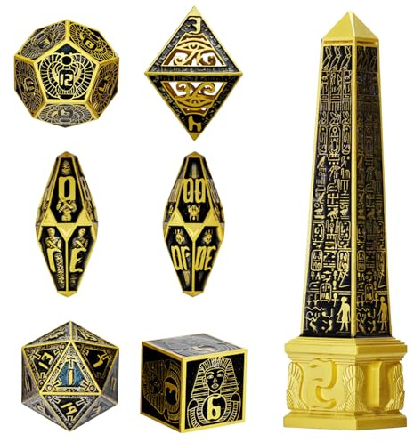 Neteru Würfel-Set, ägyptische Götter, Metall, DND-Würfel, 7-teilig, polyedrisches RPG-Würfel, für Dungeons und Drachen, Sammlergeschenk, D20, D12, D10, D00, D8, D6, D4 (Golden)