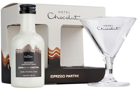 Hotel Chocolat Miniature Espresso Martini Velvetised Cream Liqueur, Premium Gift Set including 5cl Espresso Martini Velvetised Cream with Branded Hotel Chocolat Martini Glass