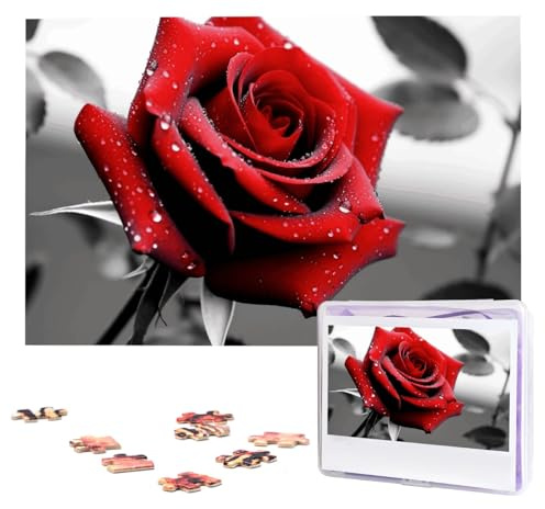 Puzzles, 1000 Teile, personalisierbar, Schwarz und Weiß, rote Rose, Puzzle, anspruchsvolles Bild mit Aufbewahrungstasche, Fotopuzzle für Erwachsene, Hochzeit (75 x 50 cm)