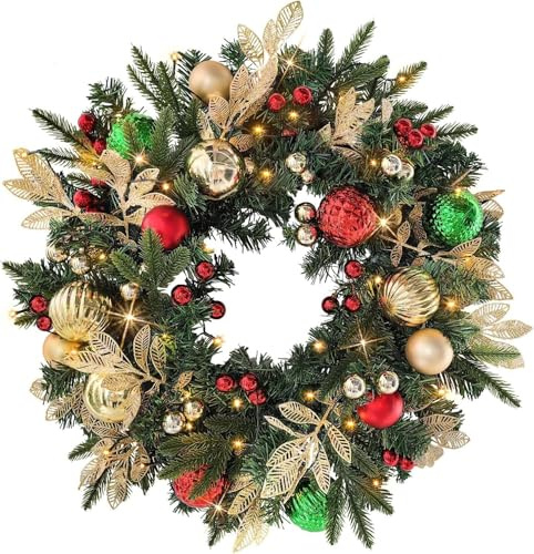 Thrink 60cm Pre-Lit Artificial Christmas Xmas Wreath – Battery Operated with 35 LED Lights, Gold, Green & Red Ornaments, Glittering Gold Leaf Stems – Front Door Holiday Home Decoration (Gold & Jewel)