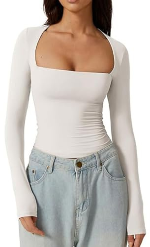 ADUDVLO Women's Sexy Square Neck Shirt Long Sleeve Double Lined Tees Fitted Going Out Tops