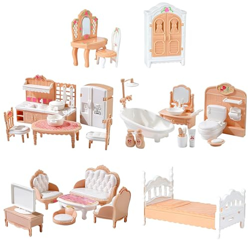 Tmefoy 32 Stück Puppenhaus Möbel Set, Puppenhaus Zubehör aus Kunststoff mit Küchenmöbel, Badezimmermöbel, Wohnzimmermöbel, Puppenmöbel für Puppenhauses Deko, Geeignet für Puppenhaus-Liebhaber