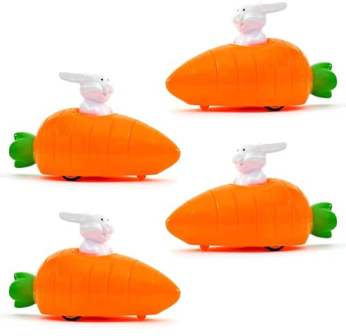 Touosy 4 Pièces Carotte Petite Voiture Remontables, avec Lapins Compact et Léger Jouet de Voiture Cadeaux de Pâques, Jouet à Remonter Lisse et sans Bavures pour Enfants Garçons Filles