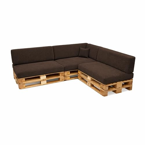 POKAR Palettenkissen 8er Set: 3X Sitzkissen 120x80 + 3X Rückenkissen 120x40 + Seitenkissen + Dekokissen | Palettenauflagen für Palettensofa aus Cordstoff mit Abnehmbarem Bezug | Made in EU | Braun