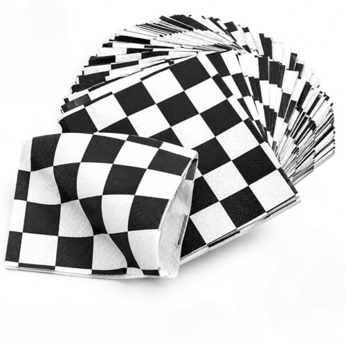 40PCS Black and White Checkered Paper Napkins – Disposable Chequered Serviettes for Racing Theme Parties – Race Car Birthday and Sports Event Table Decorations