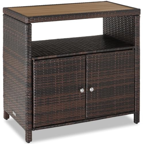 tectake® Armadietto da Giardino in Rattan e WPC, 90 x 55,5 x 87 cm, Mobile da Esterno, 2 Ante, Vano Aperto, Resistente alle Intemperie, Piedini Regolabili, Ideale Arredo Giardino e Terrazzo - Marrone