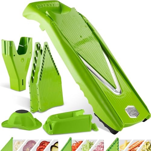 Börner Gemüsehobel V5 (Profi Set) • Verstellbarer V-Hobel 7-teilig mit 10 Schnittarten • Gemüseschneider mit Edelstahl V-Klinge • Küchenhobel inkl. Dockingstation • Farbe: Grün