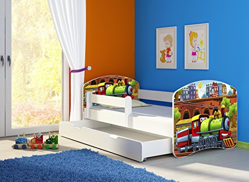 CLAMARO 'Fantasia Weiß' 160 x 80 Kinderbett Set inkl. Matratze, Lattenrost und mit Bettkasten Schublade, mit verstellbarem Rausfallschutz und Kantenschutzleisten, Design: 44 Lokomotive