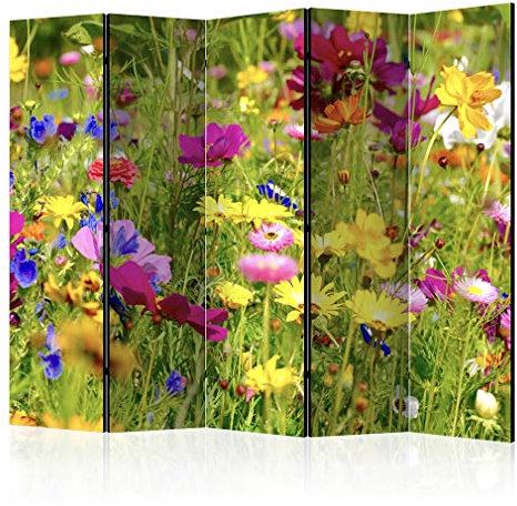 decomonkey Paravent Raumteiler Innen Blumen 225x172 cm 5 Teilig Einseitig Room Divider Wall Raumteiler Stehend Trennwand Sichtschutz Spanische Wand Sichtschutzwand Wohnzimmer Holz Grasland Wiese