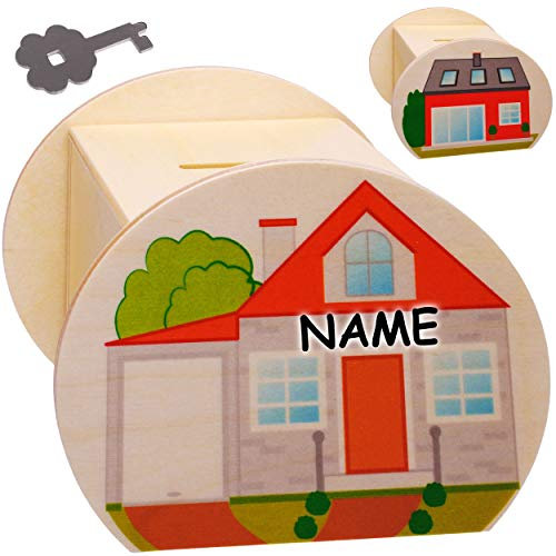alles-meine.de GmbH Holz - Sparbüchse - Haus/Traumhaus - Schlüssel & Schloß - inkl. Name - groß - 11,5 cm - stabile Spardose - Sparschwein - abschließbar personalisiert - für K..