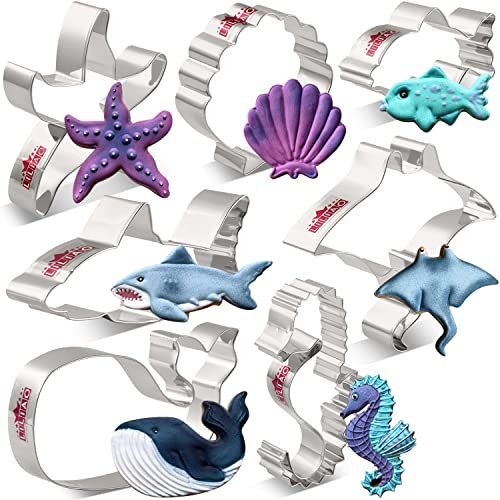 LILIAO Under The Sea Lot de 7 emporte-pièces en acier inoxydable Motif requin, baleine, poisson, Manta, étoile de mer, coquillage et hippocampe