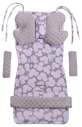 Medi Partners Sitzauflage Kinderwagen Buggy Baby Sommer Kindersitz Einlage Universal - 5tgl Gurtpolster + Spielbogen Kinderwagenset Babyschale (Miki mit grauen Minky)