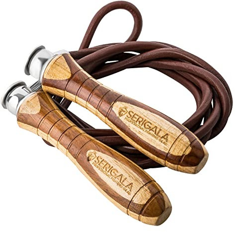 Serigala Profi Springseil aus Leder mit Holzgriffen - Lederspringseil mit Gewichten - Skipping Rope zum Abnehmen, Ausdauer, Fitness, Kraftsport, Boxen und MMA - Universal Jump Rope Braun