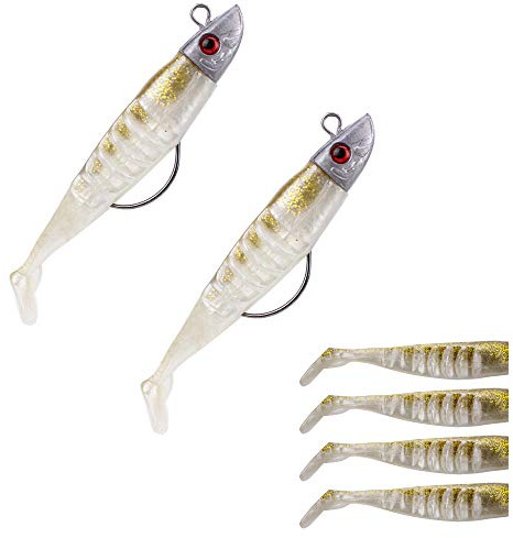 HiChuAng Soft Plastic Fishing Lures for Pike Perch Bass, 2 Sets Metal Head Fishing Jigs with 4 Replacement Baits, Realistic Soft Swimbaits for Freshwater & Saltwater Predator Fishing