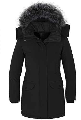 Wantdo Cappotto Foderato Imbottito Parka da Esterno Spessa a Vento con Pelliccia Giubbotto Lavoro Invernale Giacca Media Lugghezza Casual Donna Nero M