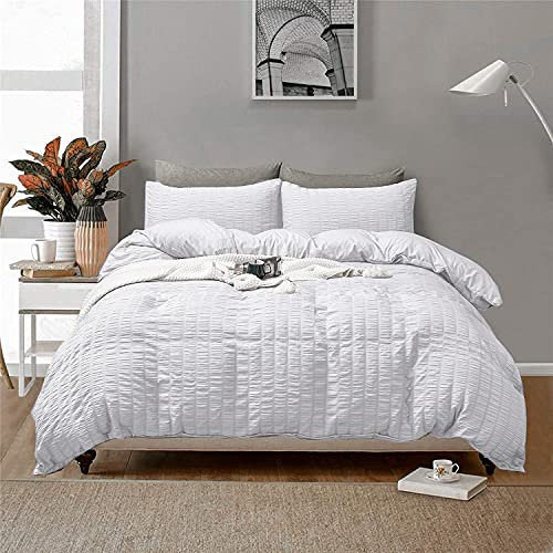 Set di biancheria da letto matrimoniale e super king size, in 100% cotone, con copripiumino a nido d'ape in seersucker, colore rosa, antracite, argento, grigio, bianco