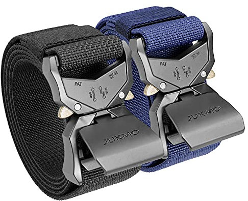 JUKMO Taktischer Gürtel, 2er Militär Wandern 3,8cm Arbeit Gürtel mit Schwere Schnellverschluss Schnalle (Schwarz+Blau, L-für Taille 106cm-115cm (Länge 135cm))