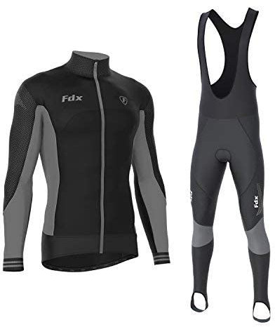 FDX Men's Thermodream Winter Cycling Suit - Italian Thermal Roubaix Windproof Clothing Set - Long Sleeve Jersey with 3D Padded Bib Tight for Biking, Bicycle Riding, Outdoor Sports (Grey-3XL)