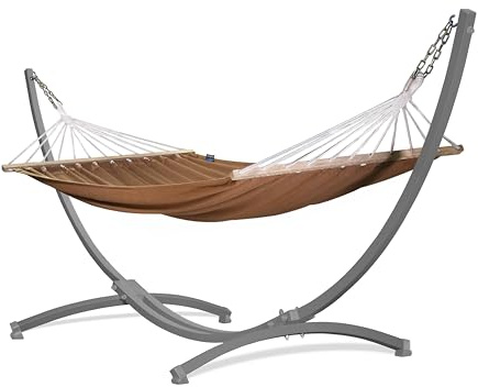 Potenza Outdoor Hängematte mit Gestell für 2 Personen I Stabhängematte XXL 220x160, 200kg I Hängemattengestell 220kg Wetterfest (Braun, Gestell Grau)