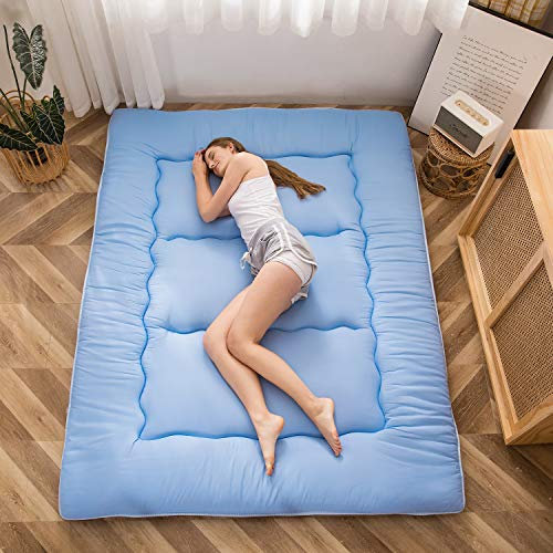 MAXYOYO Japanese Floor Futon Mattress, Thicken Tatami Sleeping Pad Foldable Roll Up Dormitory Mat Pad Floor Lounger Pillow Bed (Dusty-Blue, Double)