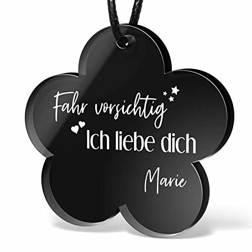 Personalisierter Auto Blumenanhänger - Rückspiegel Anhänger schwarz mit Wunsch Gravur für Spiegel - Zubehör Innenraum Deko - Spiegelanhänger Autoanhänger als Glücksbringer - Frauen Männer Geschenk