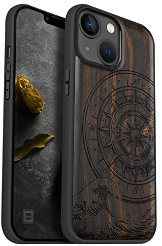Carveit Handyhülle für iPhone 14 Cover kompatibel MagSafe mit Massivholz für Apple 14 Case Stoßfeste Stoßstange Weich TPU hulle（Dunklesholz-Der Kompass vor Kanagawa Waves）