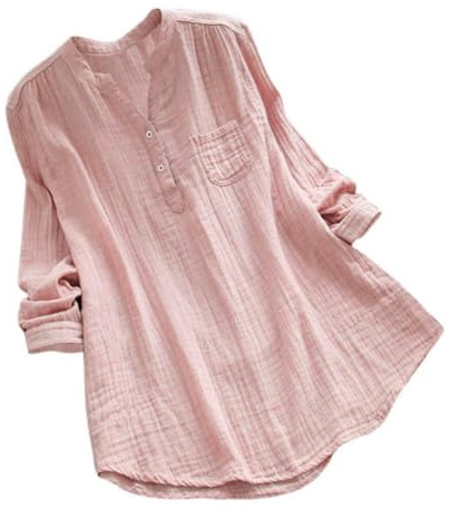 ORANDESIGNE Femmes Blouses Coton Lin Col en V Chemise Chic Simple Haut Manche Longue Tops Tunique Chemise Robes