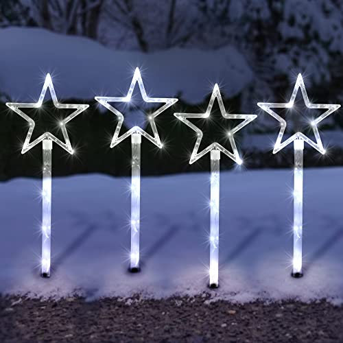 SA Products 4 Pack Star Path Light | Battery Operated 60 LED Lights | Stakes Garden Lights with 8 Modes Function for Outdoor Fairy Home Decor and Christmas Gifts (White)