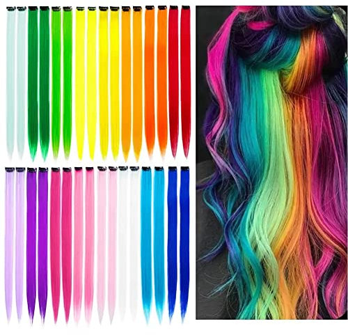 Vebetter Farbiger Haarverlängerung Clips, 24PCS Bunt Haarverlängerungs Clip Regenbogen Farbe Gerade Synthetisch Haarteil Party Highlights Bunte Clip in Haarverlängerungen für Frauen, Mädchen, Kinder.