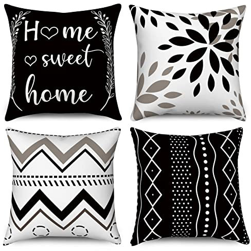 Hnmdmyi Kissenbezug Schwarz 45x45 4er Set, Home Sweet Home Blumen Boho Geometrisch Dekorative Kissenbezüge Modernes Bauernhaus Leinen Kissenhülle für Sofa Couch Bett Garten Outdoor Home Decor